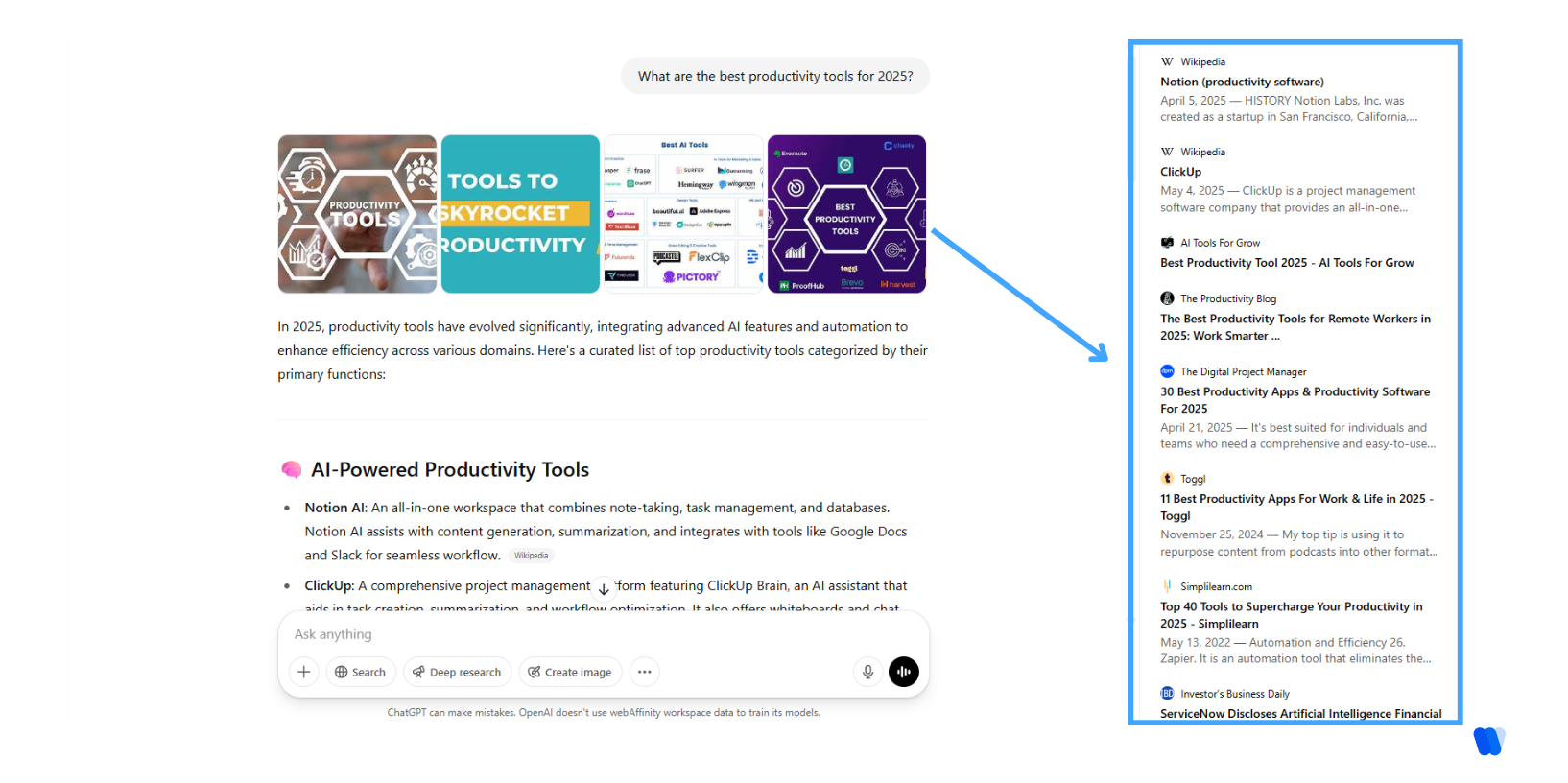 chatgpt-answer-interface-showing-ai-generated-response-on-productivity-tools-for-2025-with-cited-sources-like-wikipedia-clickup-and-digital-project-manager-highlighted-in-sidebar
